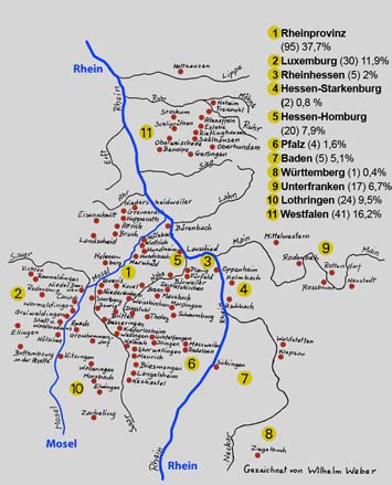 Herkunftsorte der 252 Erstansiedlerfamilien in Billed